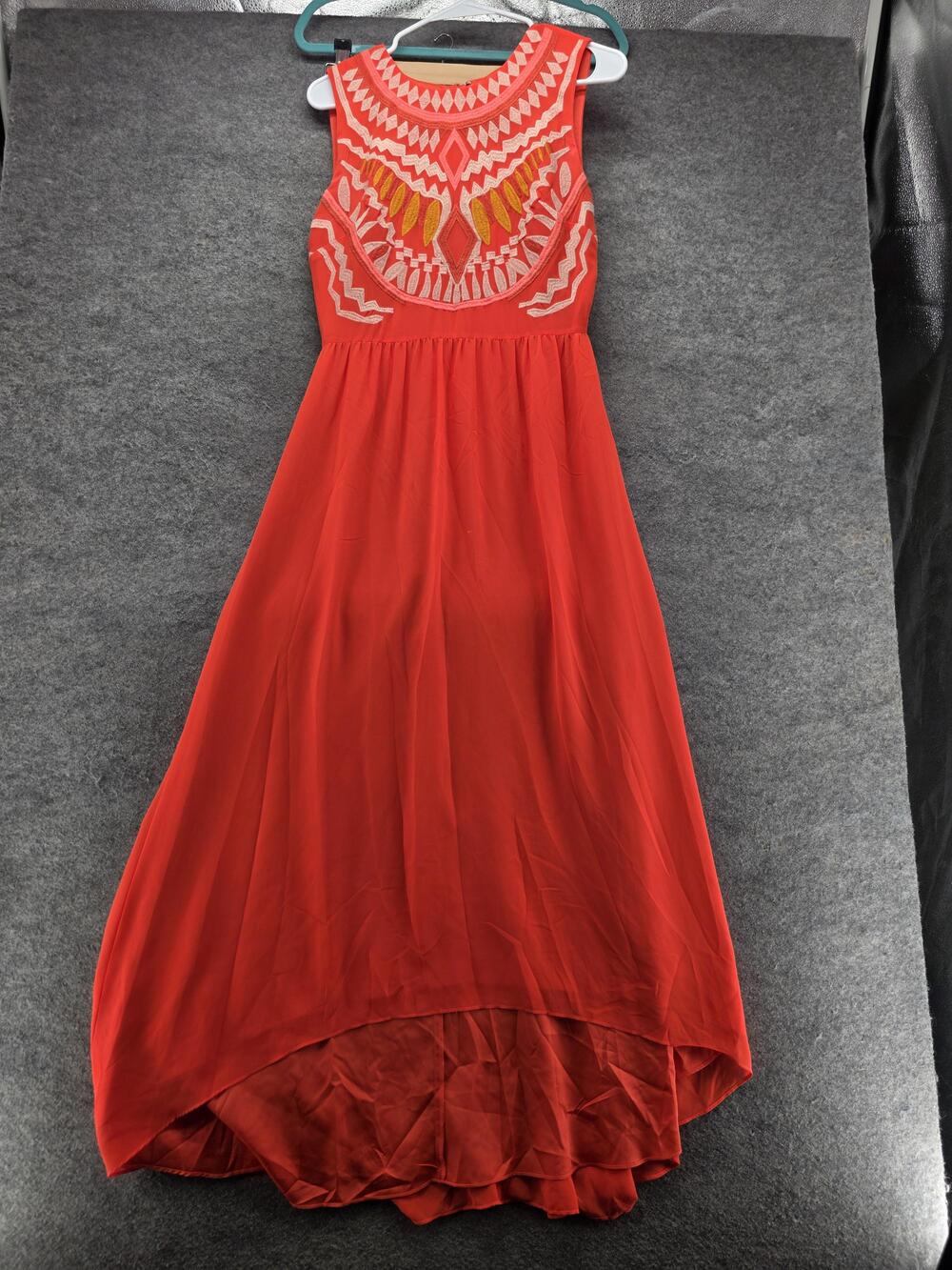 Gianni Bini Dress Womens 4 Orange Fit & Flare Hi-Low Maxi Embroidered Chiffon